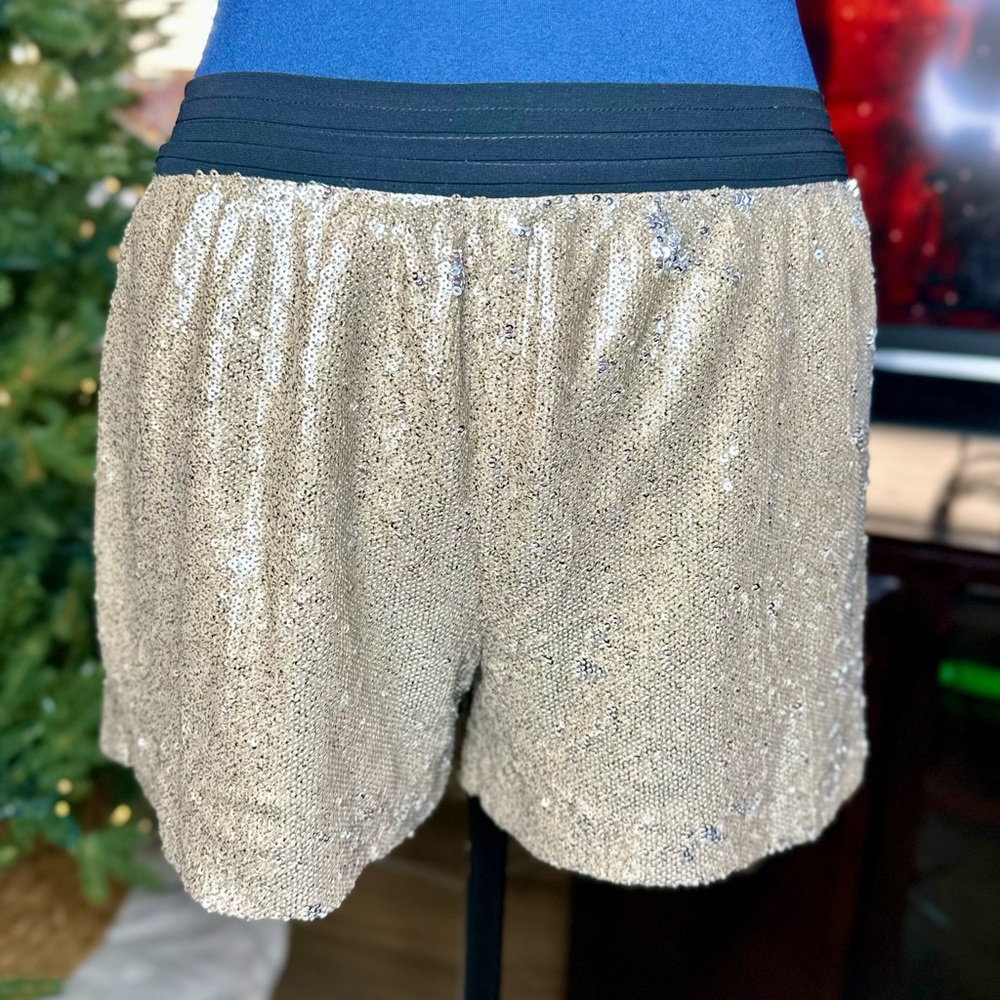Zara Basic Metallic Gold Sequins Mini Shorts - image 7